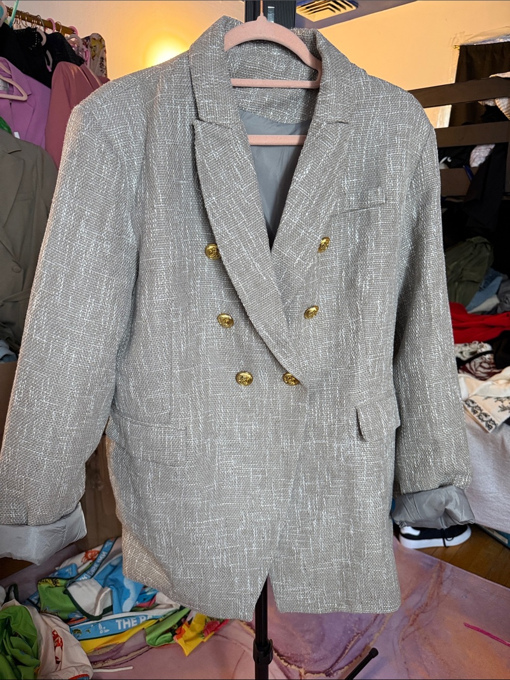 Womens Gray Textured Double-Breasted Blazer with Gold Buttons